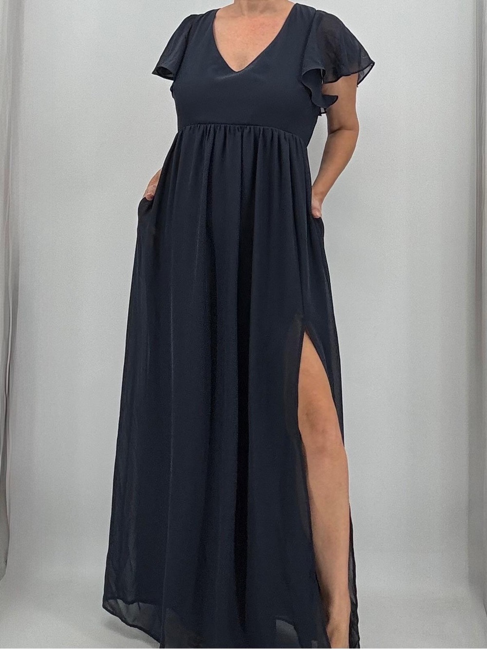 Birdie Grey Hannah Chiffon Flutter Sleeve Navy Blue Bridesmaid Wedding Gown - Picture 2 of 10